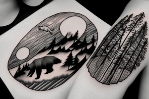 bear in a forest sunset behind the mountains tattoo idea