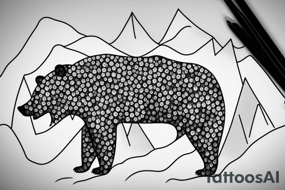 bear in a forest sunset behind the mountains tattoo idea