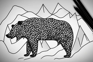 bear in a forest sunset behind the mountains tattoo idea