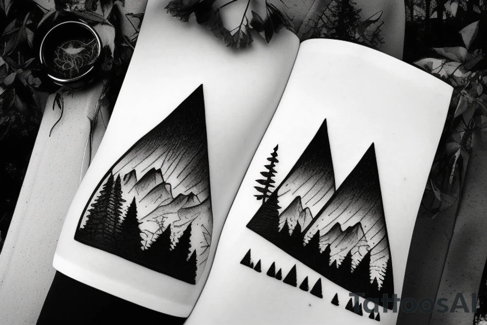 bear in a forest sunset behind the mountains tattoo idea