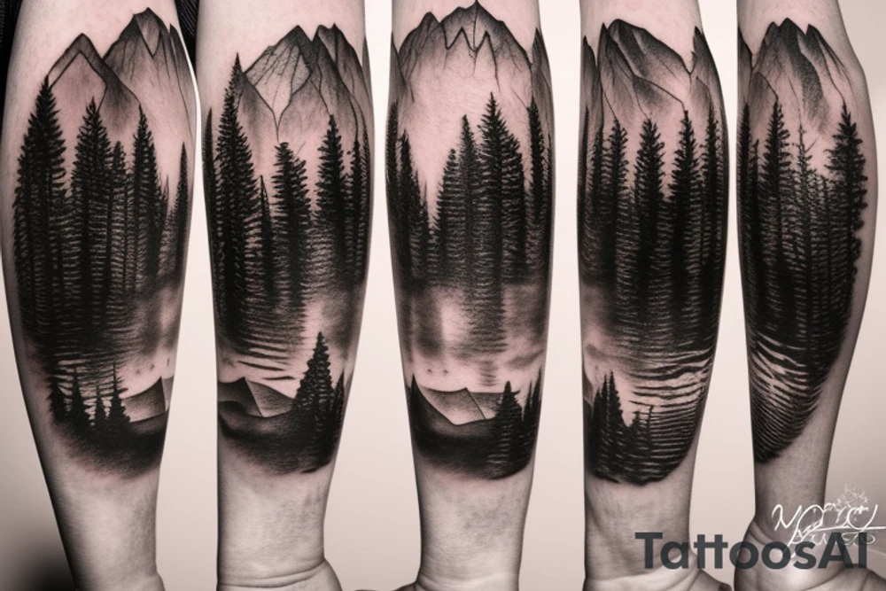 bear in a forest sunset behind the mountains tattoo idea