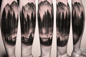 bear in a forest sunset behind the mountains tattoo idea