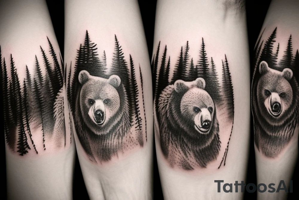 angry bear in a forest sunset behind the mountains tattoo idea