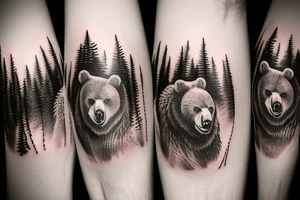 angry bear in a forest sunset behind the mountains tattoo idea