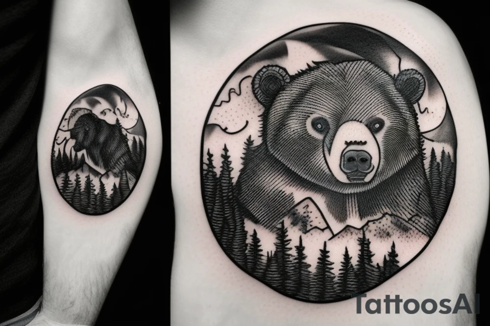 angry bear in a forest sunset behind the mountains tattoo idea