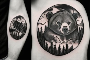angry bear in a forest sunset behind the mountains tattoo idea