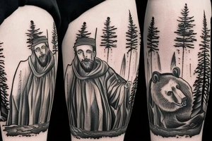 Francis of Assisi and an angry bear in a forest sunset behind the mountains tattoo idea