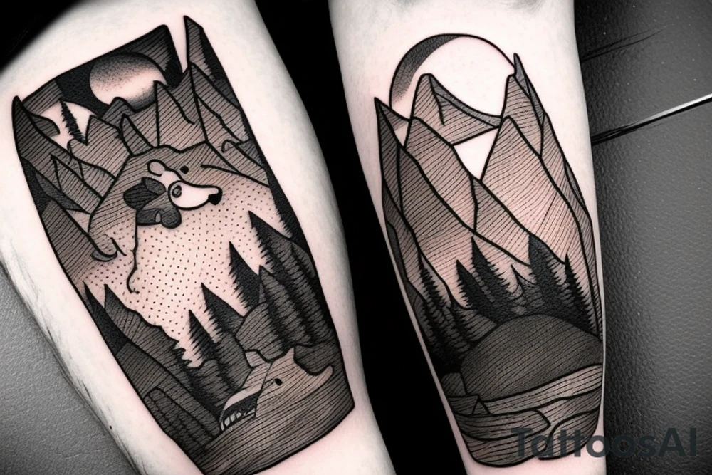 a guy and an angry bear in a forest sunset behind the mountains tattoo idea