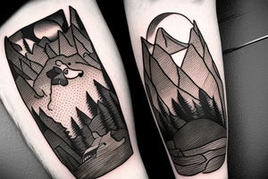 a guy and an angry bear in a forest sunset behind the mountains tattoo idea