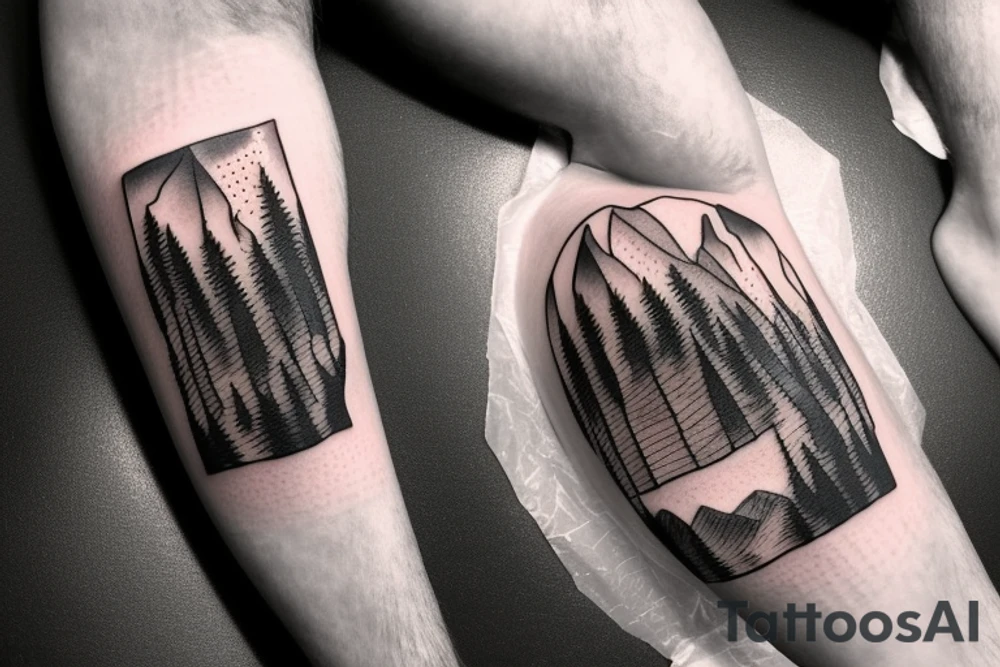 a guy and an angry bear in a forest sunset behind the mountains tattoo idea