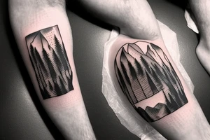 a guy and an angry bear in a forest sunset behind the mountains tattoo idea