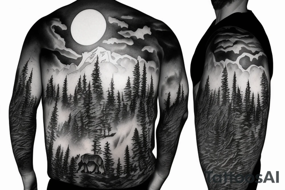 a guy and an angry bear in a forest sunset behind the mountains tattoo idea