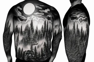 a guy and an angry bear in a forest sunset behind the mountains tattoo idea