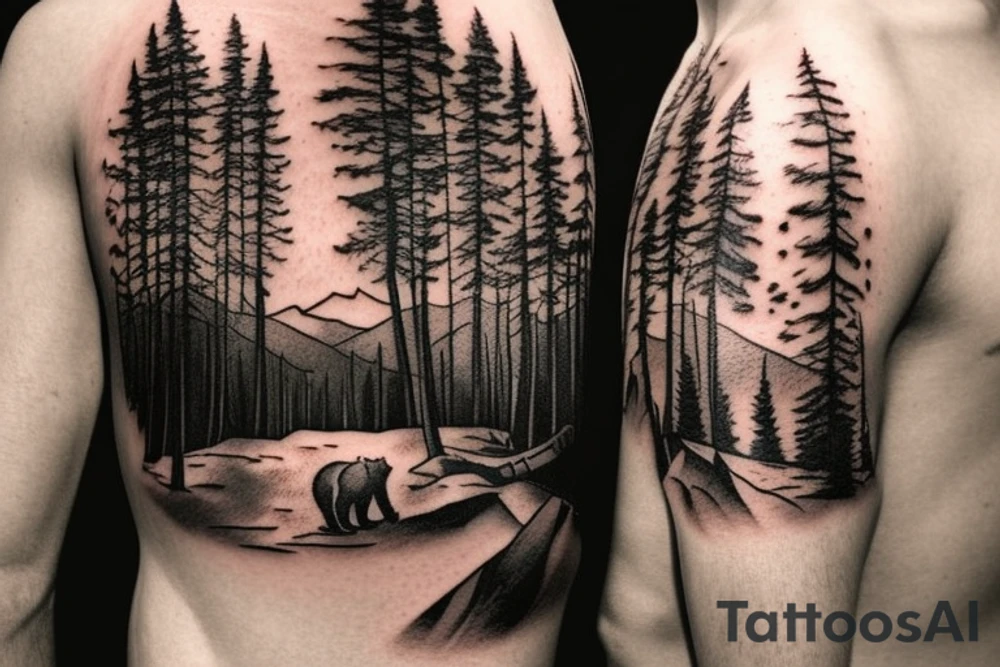 a guy and an angry bear in a forest sunset behind the mountains tattoo idea