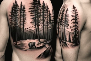 a guy and an angry bear in a forest sunset behind the mountains tattoo idea
