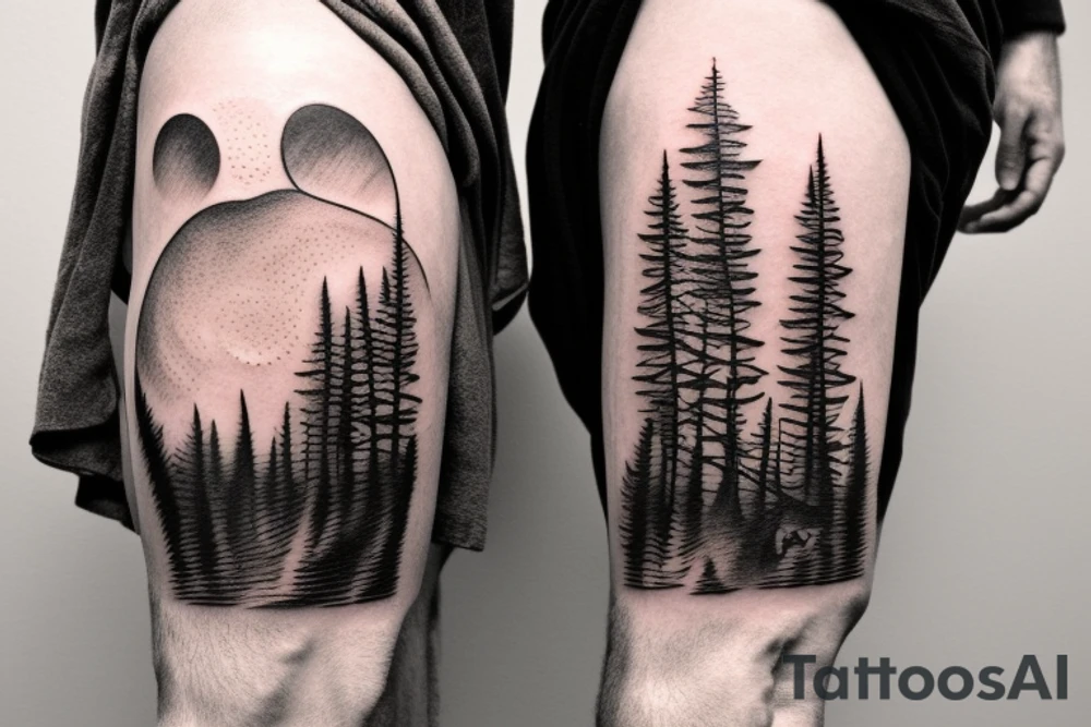 a guy and an angry bear in a forest sunset behind the mountains tattoo idea