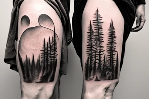 a guy and an angry bear in a forest sunset behind the mountains tattoo idea