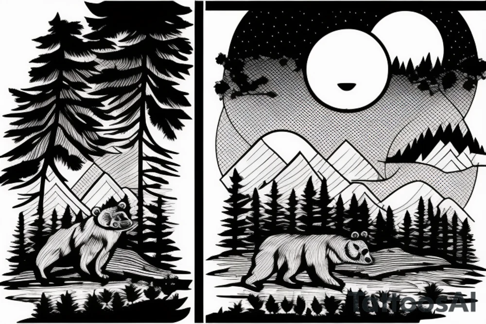 a guy and an angry bear in a forest sunset behind the mountains tattoo idea