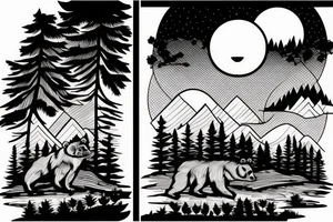 a guy and an angry bear in a forest sunset behind the mountains tattoo idea