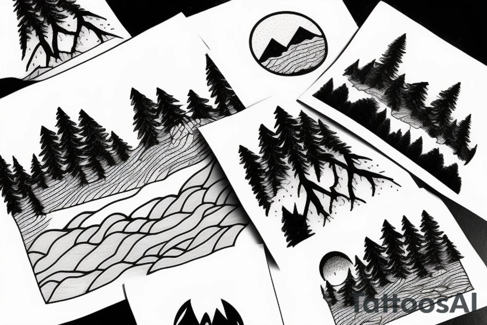 a guy and an angry bear in a forest sunset behind the mountains tattoo idea
