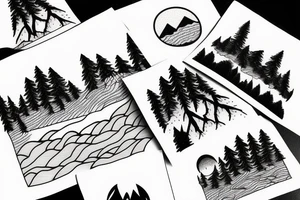 a guy and an angry bear in a forest sunset behind the mountains tattoo idea
