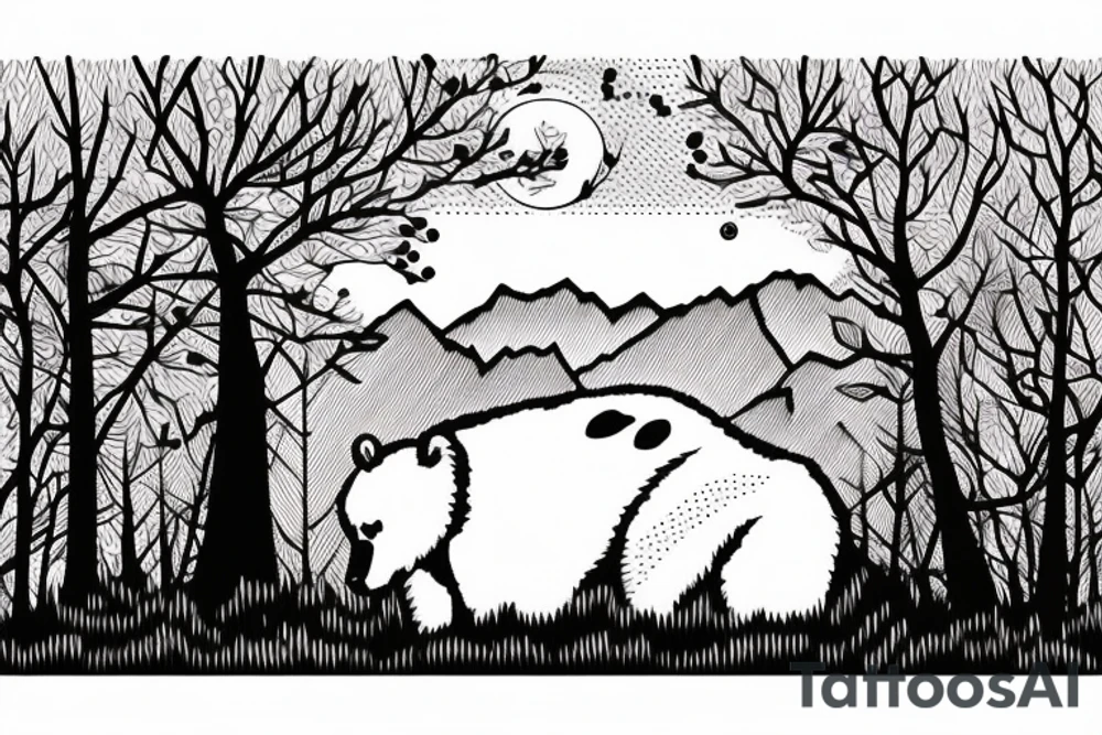 a guy and an angry bear in a forest sunset behind the mountains tattoo idea