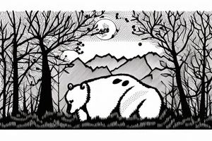 a guy and an angry bear in a forest sunset behind the mountains tattoo idea