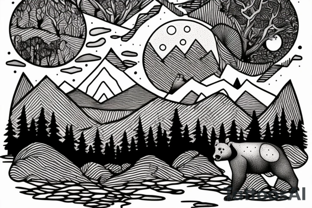 a guy and an angry bear in a forest sunset behind the mountains tattoo idea