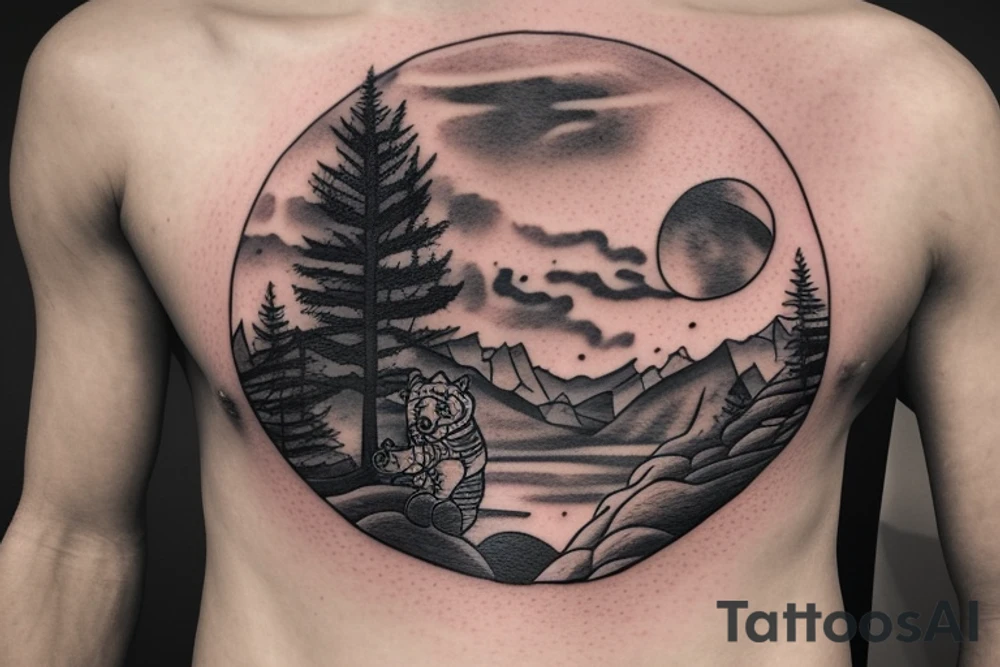 a guy and an angry bear in a forest sunset behind the mountains tattoo idea