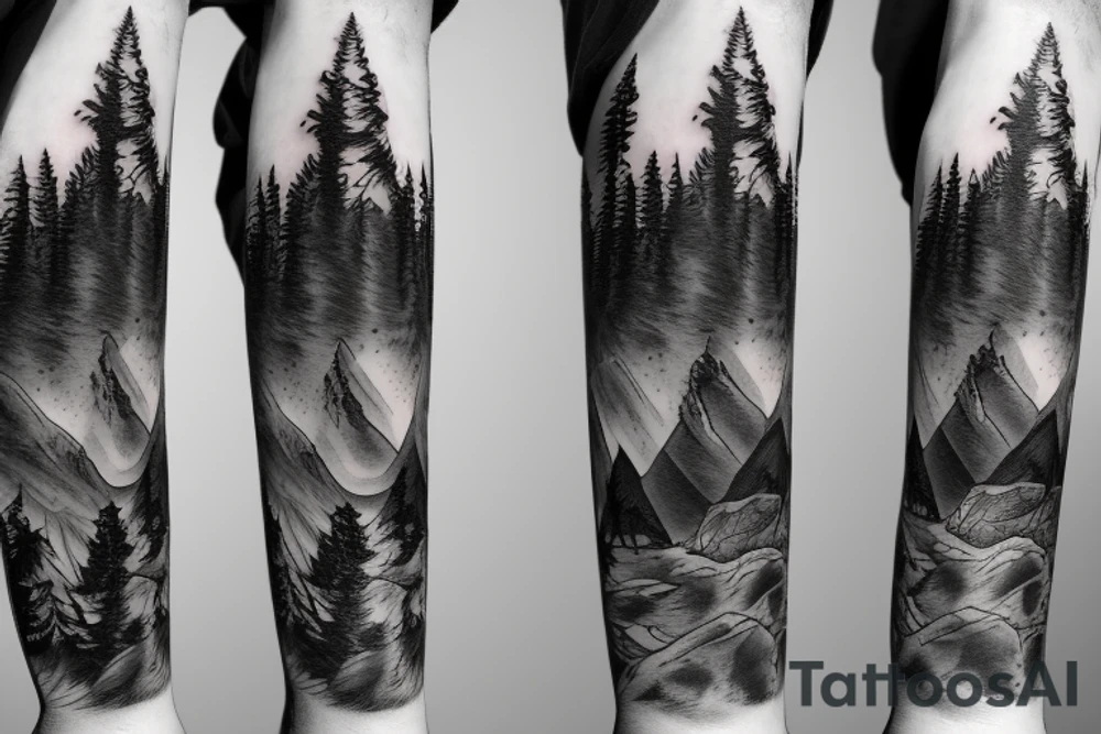 a guy and an angry bear in a forest sunset behind the mountains tattoo idea a guy and an angry bear in a forest sunset behind the mountains tattoo idea