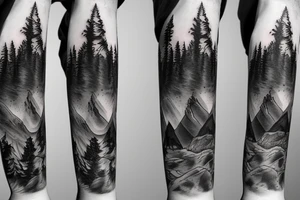 a guy and an angry bear in a forest sunset behind the mountains tattoo idea