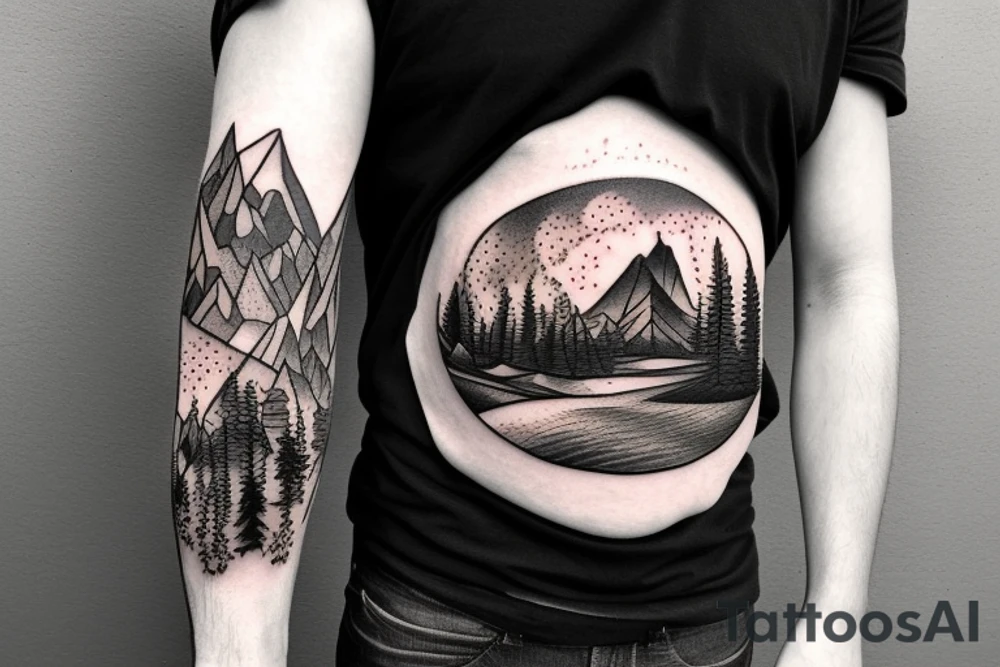 a guy walking with an angry bear in a forest sunset behind the mountains tattoo idea