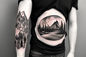 a guy walking with an angry bear in a forest sunset behind the mountains tattoo idea