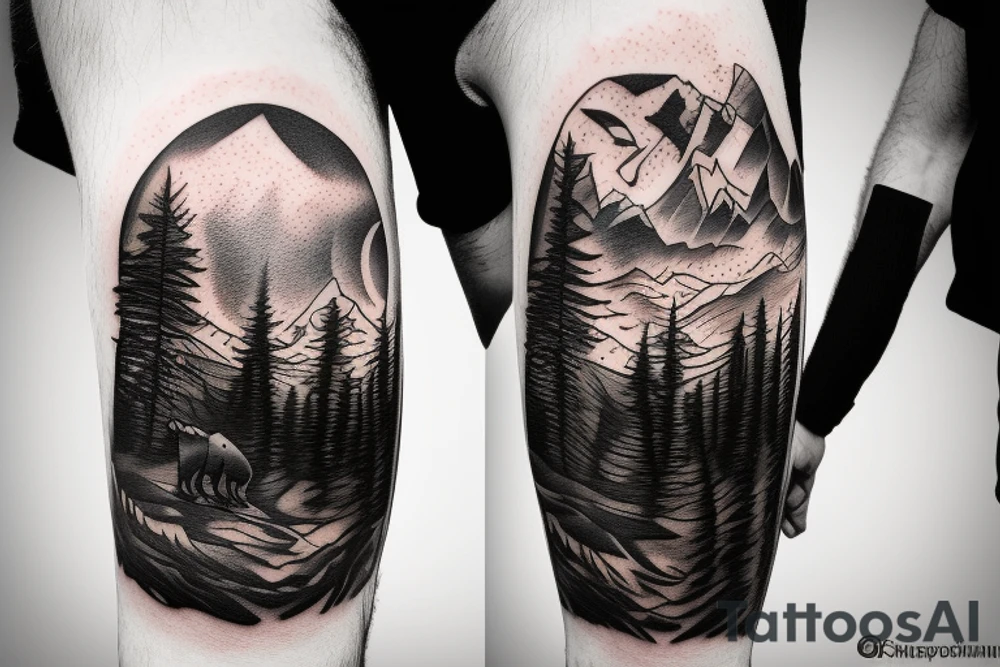 a guy walking with an angry bear in a forest sunset behind the mountains tattoo idea