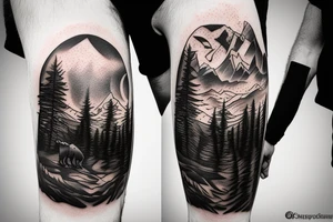 a guy walking with an angry bear in a forest sunset behind the mountains tattoo idea
