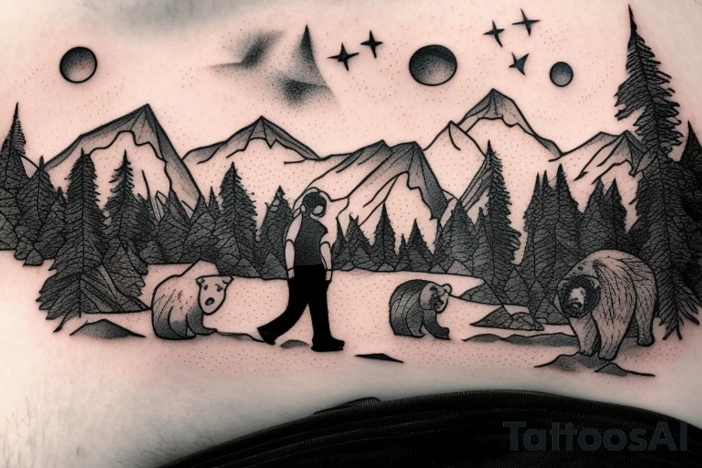 a guy walking with an angry bear in a forest sunset behind the mountains tattoo idea a guy walking with an angry bear in a forest sunset behind the mountains tattoo idea