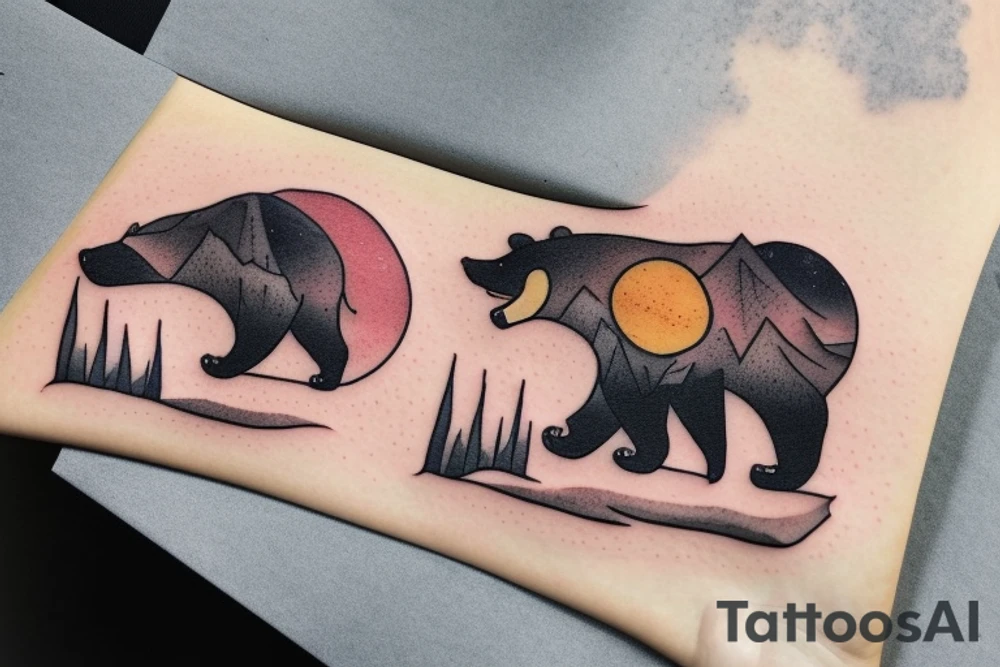 a guy walking with an angry bear in a forest sunset behind the mountains tattoo idea