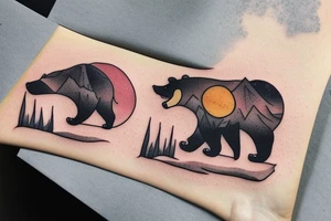 a guy walking with an angry bear in a forest sunset behind the mountains tattoo idea