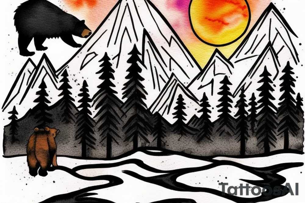 a guy walking with an angry bear in a forest sunset behind the mountains tattoo idea
