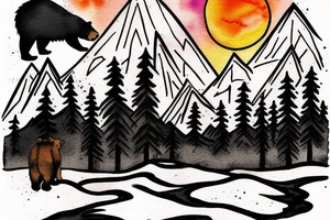 a guy walking with an angry bear in a forest sunset behind the mountains tattoo idea