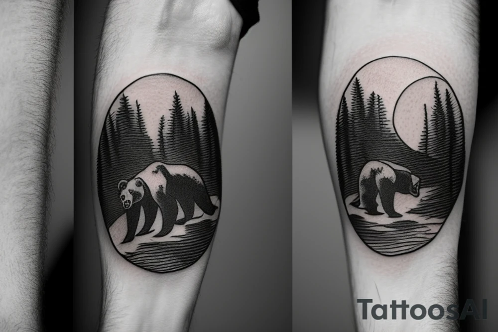 a bear watching a sunset at mountains tattoo idea