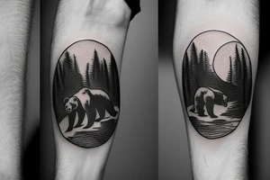 a bear watching a sunset at mountains tattoo idea