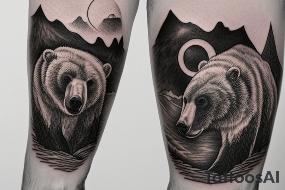 a bear watching a sunset at mountains tattoo idea
