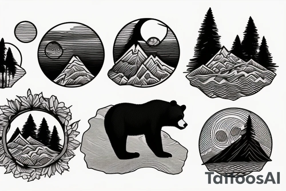 a bear watching a sunset at mountains tattoo idea