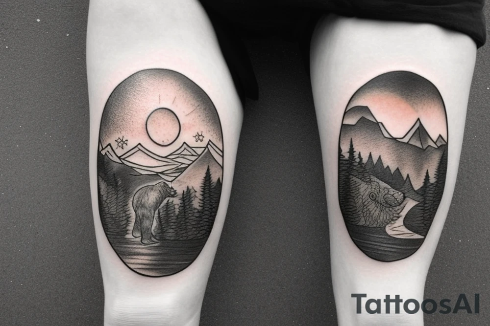 a bear watching a sunset at mountains tattoo idea