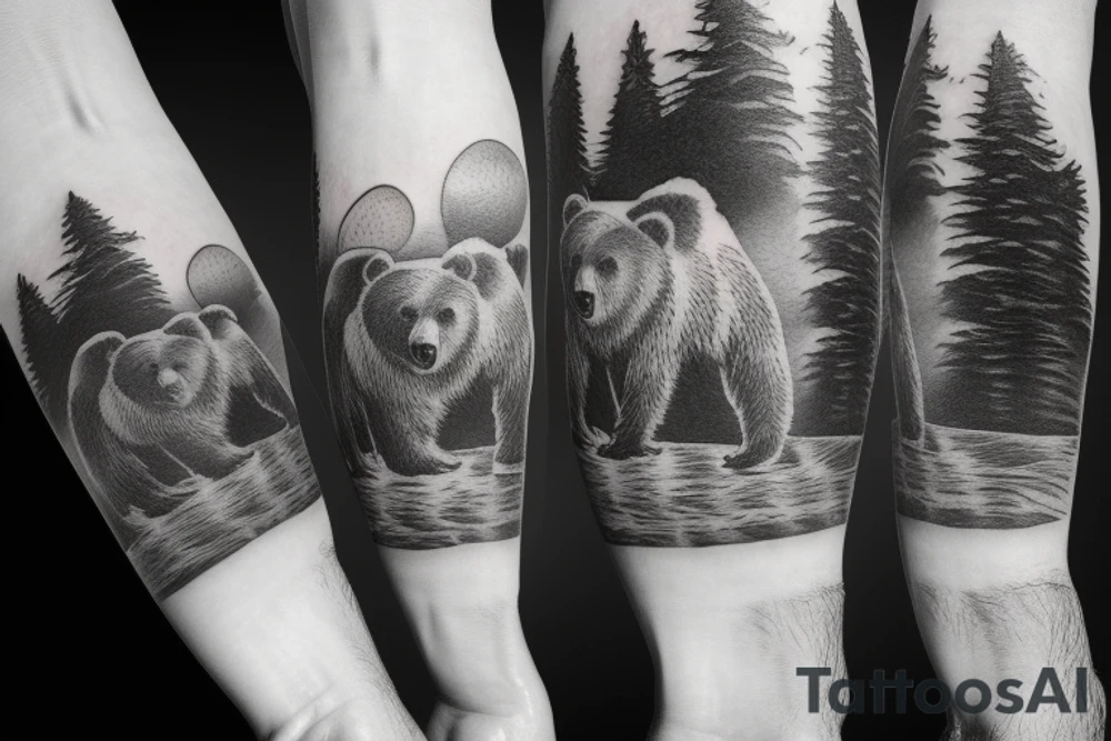 a bear watching a sunset at mountains tattoo idea