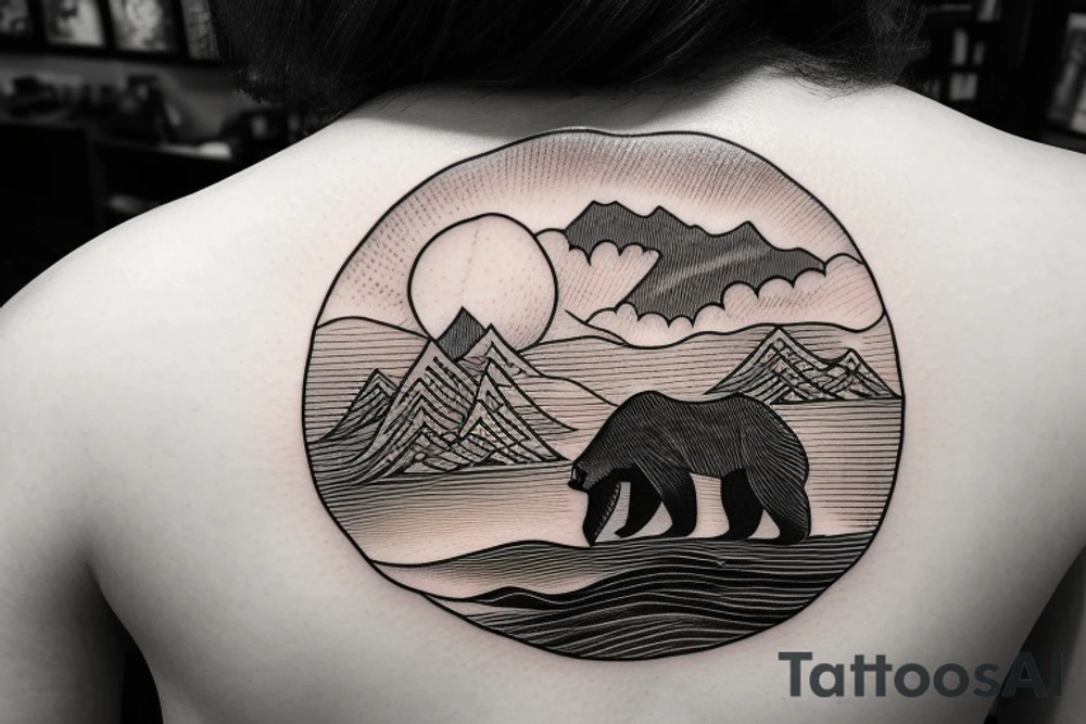 a bear watching a sunset at mountains tattoo idea