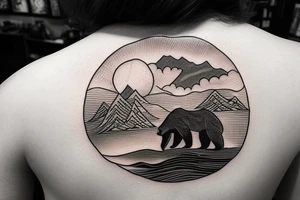 a bear watching a sunset at mountains tattoo idea