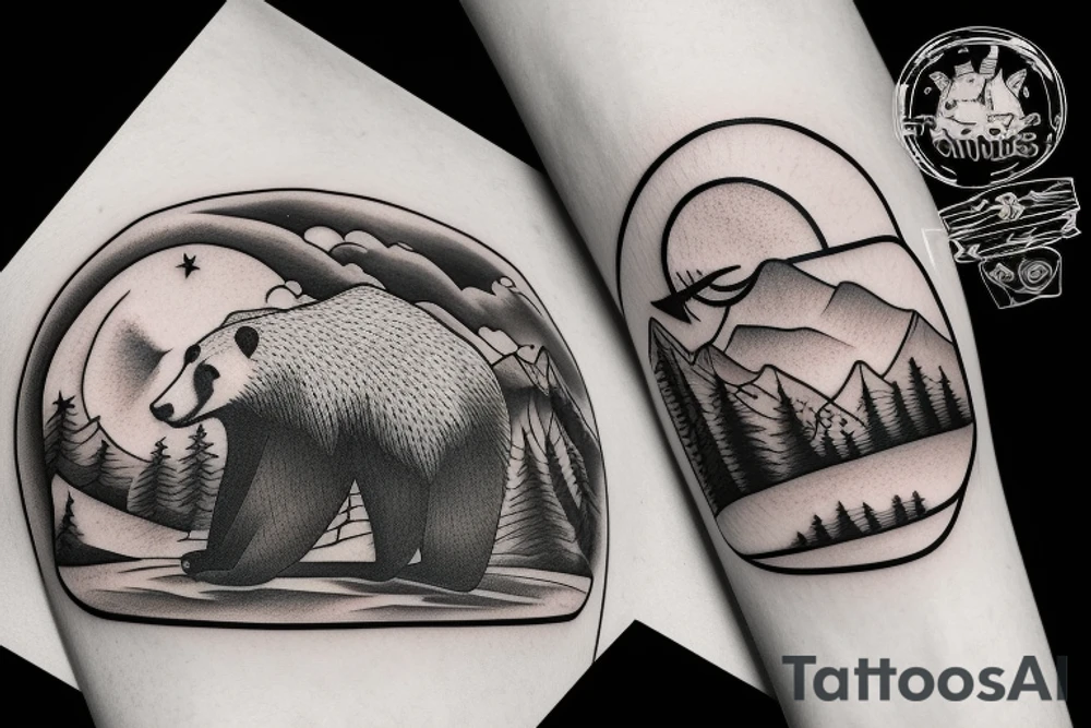 a bear watching a sunset at mountains tattoo idea
