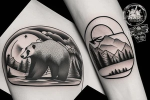 a bear watching a sunset at mountains tattoo idea